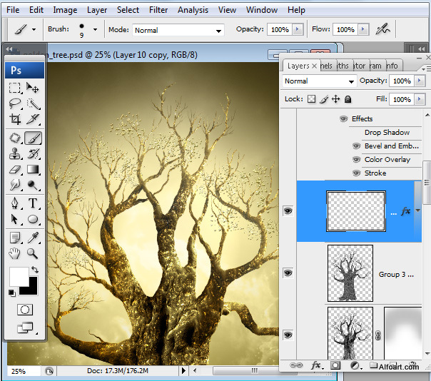 Golden apple tree. Magic scene. Adobe Photoshop Tutorial.